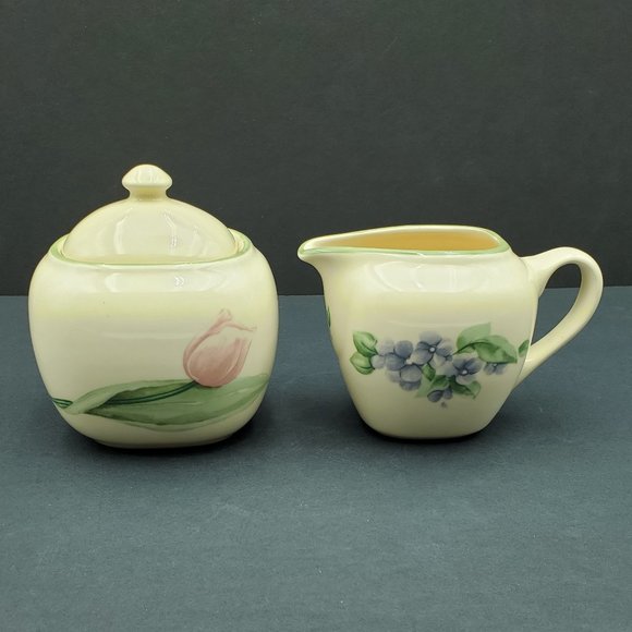 Pfaltzgraff Garden Party Creamer and Sugar Bowl with Lid Tulips Violets Leaves - Picture 3 of 7